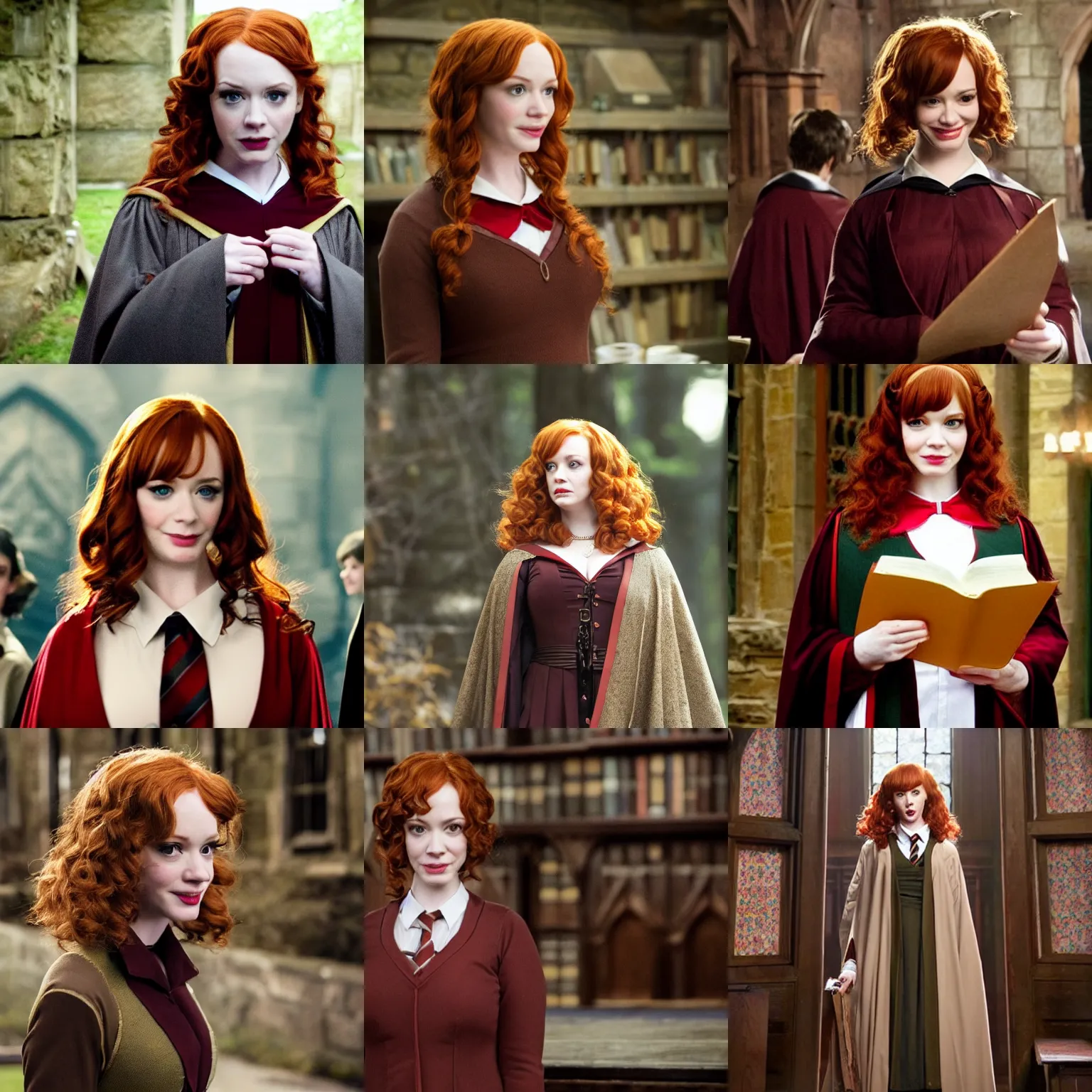 Prompt: a beautiful surprised christina hendricks dressed as a hogwarts student, hogwarts uniform with brown hair, harry potter film still from the movie directed by denis villeneuve, wide shot