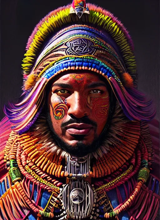 Prompt: portrait of laz alonso, hyper detailed ultra sharp aztec shaman warrior. trending on artstation, warpaint aesthetic, bloodwave, colorful, psychedelic, ornate, intricate, digital painting, concept art, smooth, sharp focus, illustration, art by artgerm and greg rutkowski and h. r. giger, 8 k