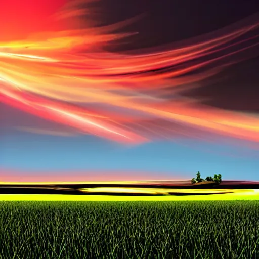 Prompt: electric line between a field coupled with a sunset, ultra-realistic graphics