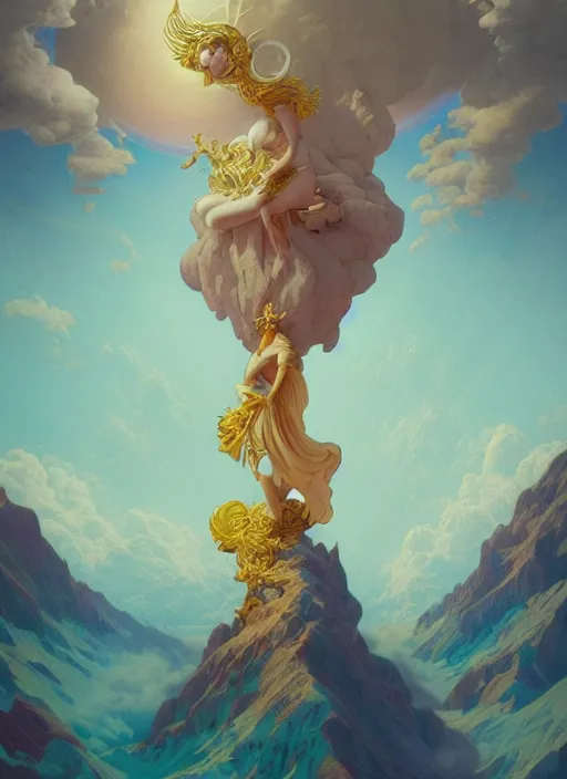 Prompt: goddess of clouds and mountains, concept art, symmetrical, trending on artstation vivid color, complementary color, golden ratio, detailed, sharp lines, intricate, rainbowshift by andrei riabovitchev, by peter mohrbacher, by gustave dore, by maxfield parrish, by alphonse mucha, deviantart, octane render