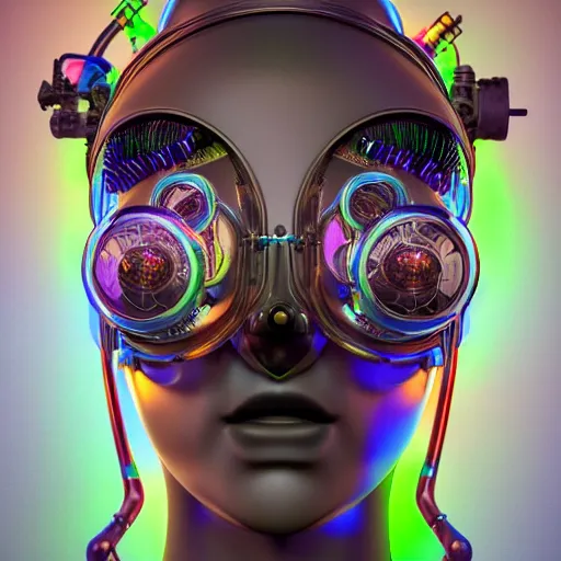 Prompt: a irisdiscent glass statue of a steampunk maya futuristic robot head wearing brain sensors with multicolored tubes and a headset, 8 k, front shot, symetrical, flourescent colors, halluzinogenic, multicolored, insanely detailed, front shot, 3 d render, octane
