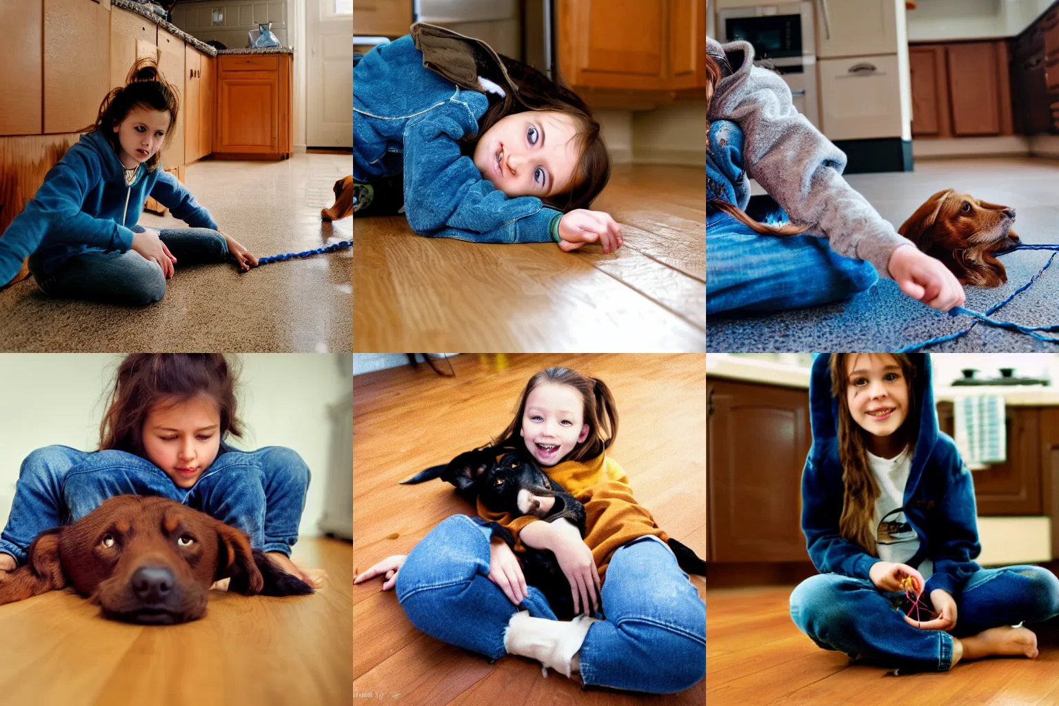 Prompt: Photo of my stupid niece with brown hair laying in the kitchen floor playing with a string on her amber colored hoodie, wearing blue jeans, laying next to a big black dog, HDR, 4k, 8k, photo, early 2000s