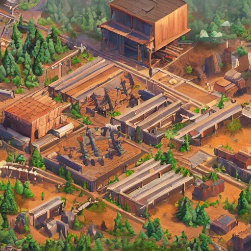 Image similar to wooden factory, isometric map by sid meier's civilization vi, by craig mullins by jakub rozalski