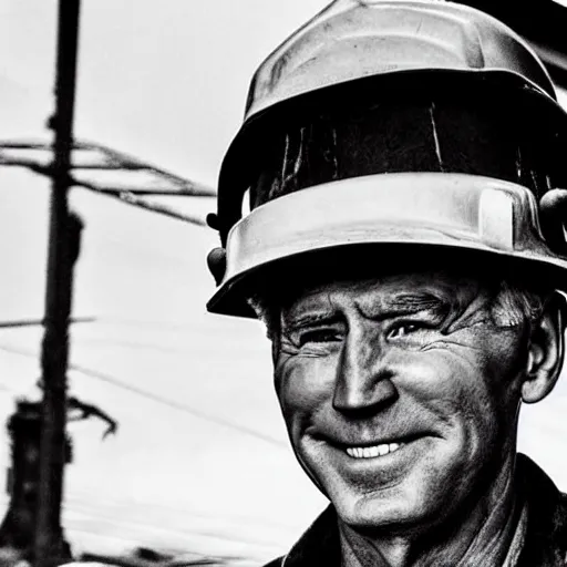 Image similar to Joe Biden as a coal miner, high detail, portrait, close up, dirty, hard hat, smear, smudge, grit