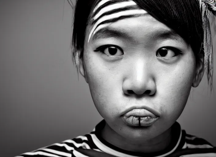 Image similar to closeup portrait of a young expressive malaysian tomboy woman, pouting, futuristic hairstyle, tank top with black and white stripes, long sleeves, portra 4 0 0 candid photograph portrait by annie leibovitz, 3 5 mm macro shot, f / 3 2, hyperrealistic, cinematic lighting, hd wallpaper, 8 k, 4 k