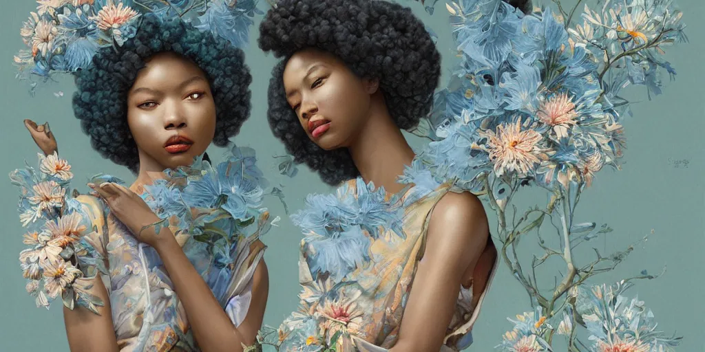 Image similar to breathtaking detailed concept art painting blend of two afroamerican goddess of light blue flowers by hsiao - ron cheng with anxious piercing eyes, vintage illustration pattern with bizarre compositions blend of flowers and fruits and birds by beto val and john james audubon, exquisite detail, extremely moody lighting, 8 k