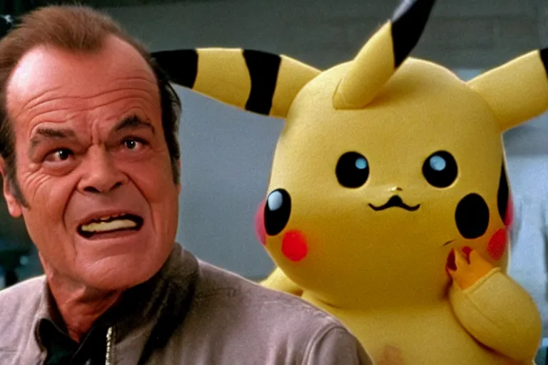 Image similar to Jack Nicholson plays Pikachu Terminator, scene where his endoskeleton gets exposed, still from the film