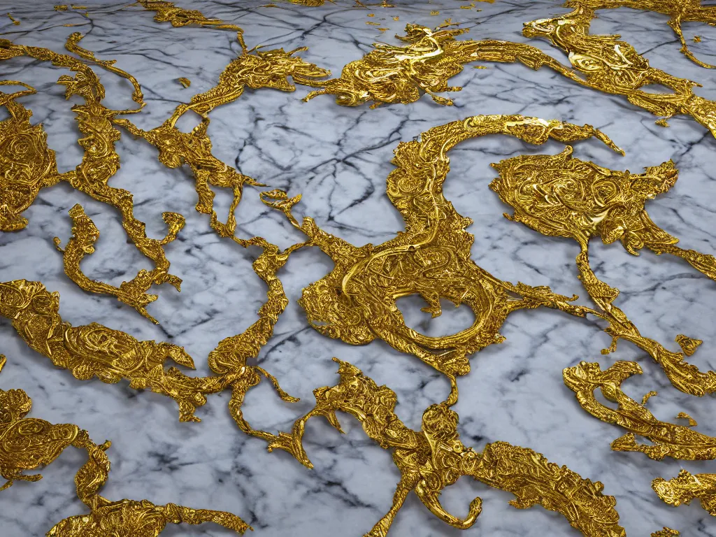 Prompt: hyperrealism, a world made of gold and white marble, intricate, highly detailed, strong perspective, artstation trending, environment concept, ray tracing, cinematic, concept art, 4k detail post processing, cinematic