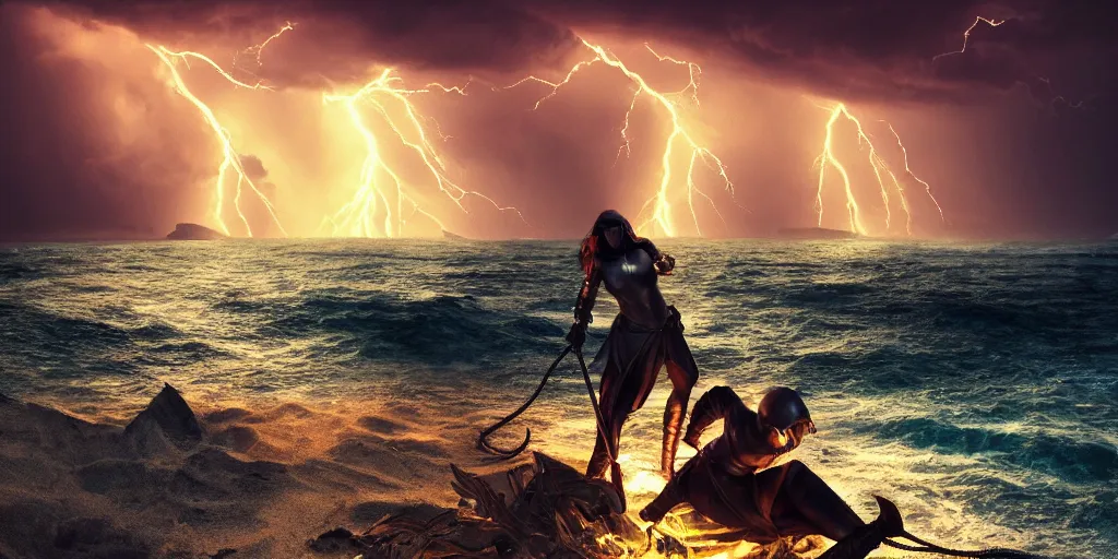 Image similar to epic medieval woman ship pilot face down shipwrecked on a beach, beach leads into dark forest and hills, dramatic dark glowing golden neon sunset with thick wall of lightning storm clouds, dynamic lighting, hyperrealistic, hd 4 k, artstation