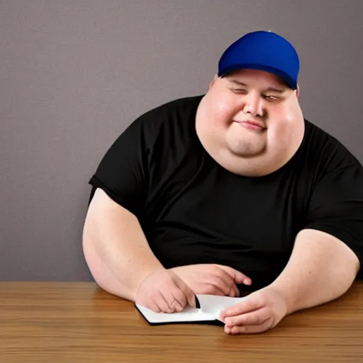 Image similar to very obese man with a t-shirt and a cap with the letter P, writing on a book