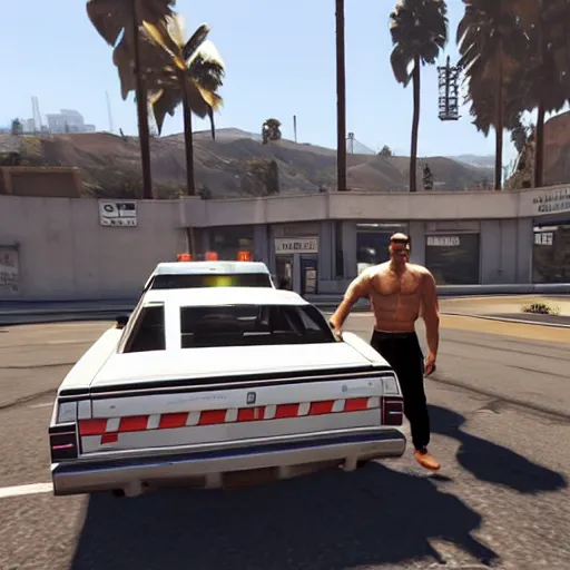 Image similar to GTA V arnold schwarzenegger screenshot stealing a cop car