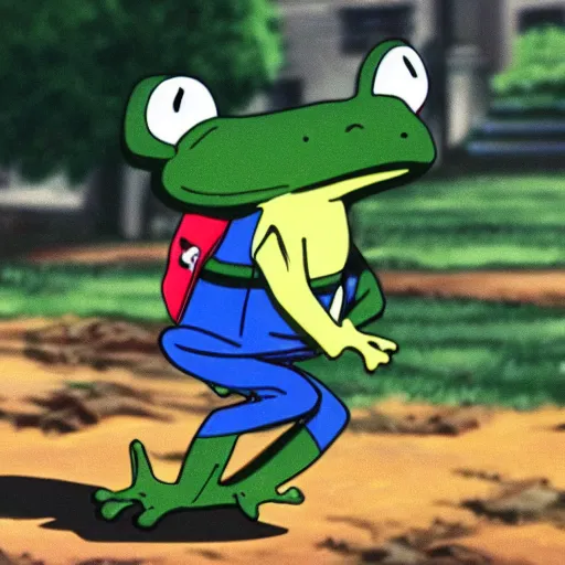 Prompt: frog running late for school, anime screenshot, shonen