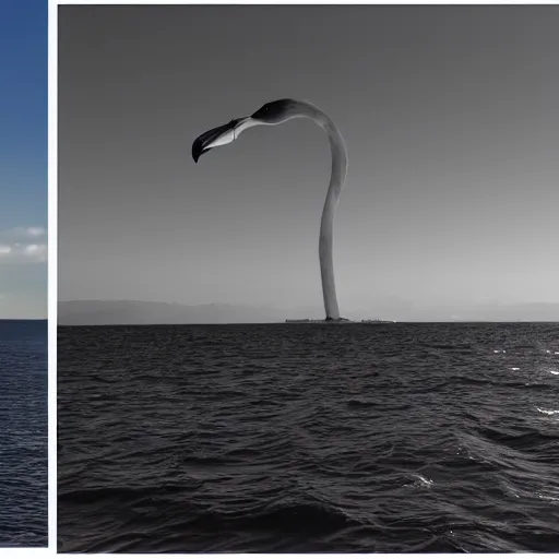 Image similar to photo of colossal flamingo on the horizon with atmospheric perspective