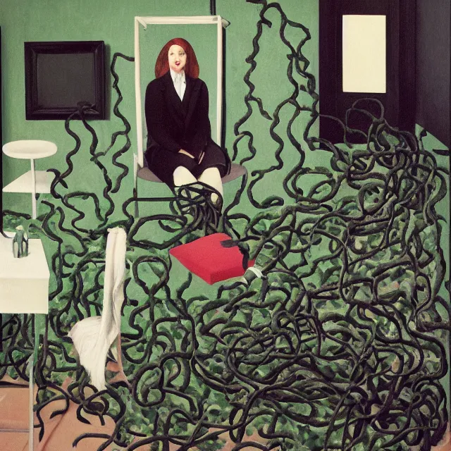 Image similar to a female pathology student in her apartment, wrapped in vines, medical equipment, stepping stones, octopus, fur seal, black walls, ikebana, black armchair, sculpture, acrylic on canvas, surrealist, by magritte and monet