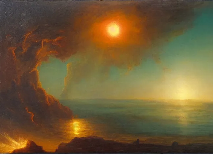 Prompt: the impact of the planet gaia on the earth, right before the moon forms, seas of fire everywhere. in the style of hudson river school of art, oil on canvas