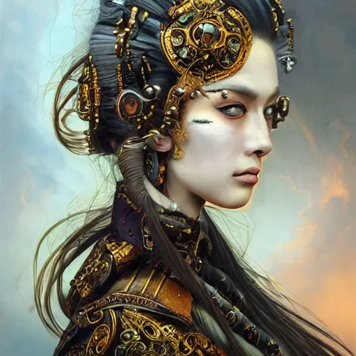 Prompt: portrait, headshot, insanely nice professional hair style, dramatic hair color, digital painting, of a old 17th century, old cyborg merchant, amber jewels, Chinese Three Kingdoms, baroque, ornate clothing, scifi, realistic, hyperdetailed, chiaroscuro, concept art, art by Franz Hals and Jon Foster and Ayami Kojima and Amano and Karol Bak,