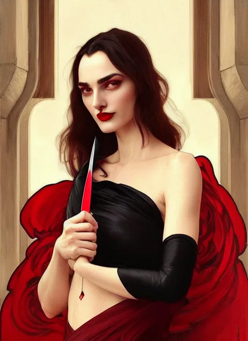 Prompt: “ daria strokous as femme fatale smiling, with red lips, holding knife on her victim ’ s throat intricate, elegant, highly detailed, digital painting, artstation, concept art, smooth, sharp focus uhd 8 k, art by artgerm and greg rutkowski and alphonse mucha ”