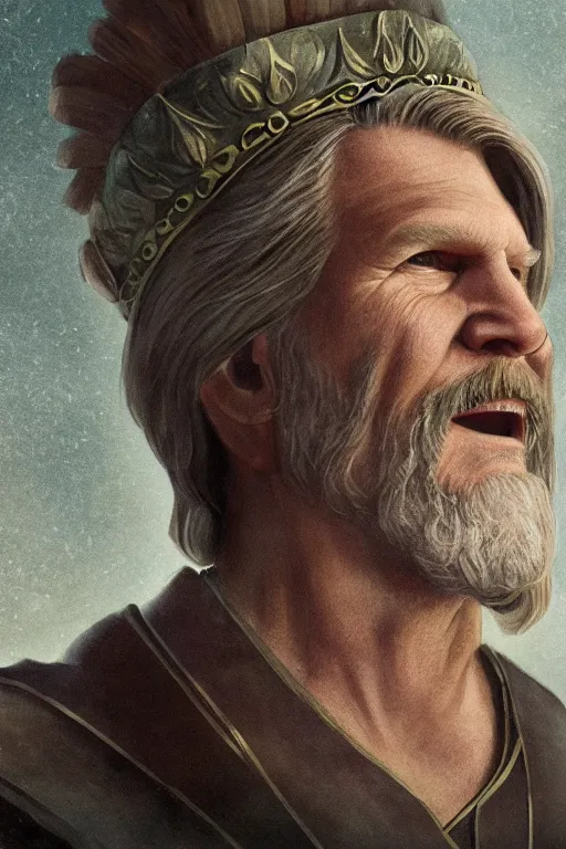 Image similar to Illustration of Jeff Bridges as a Roman Emperor wearing a Laurel wreath, Artstation, hq 8k cinematic