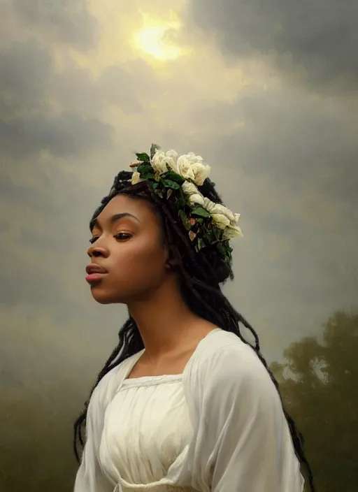 Prompt: oil painting close up portrait of a contemplative young black woman with long flowing hair in a white dress, wearing a crown of white roses!! at sunset, hazy, digital art, chiaroscuro, artstation, cinematic, golden hour, concept art, digital art painting by greg rutkowski, william - adolphe bouguereau, hazy atmosphere, cinematic lighting, flowers