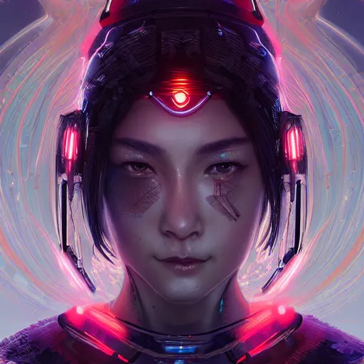 Prompt: symmetry portrait of a young female cyberpunk samurai, sci - fi, tech wear, glowing lights intricate, elegant, highly detailed, digital painting, artstation, concept art, smooth, sharp focus, illustration, art by artgerm and greg rutkowski and alphonse mucha