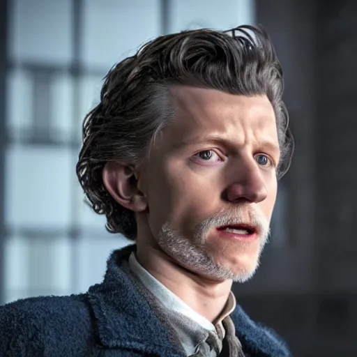 Image similar to tom holland as a rough dirty old man with a scruffy beard in a dark blue trenchcoat as the new doctor who, cinematic, volumetric lighting, f 8 aperture, cinematic eastman 5 3 8 4 film, photorealistic