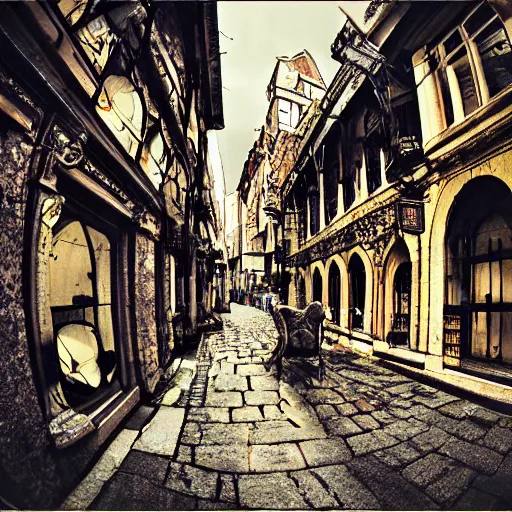 Image similar to 1 5 th century!!!!! town street, cinematic photography, fisheye!!!!! lens, ( ( ( ( ( worm's - eye view ) ) ) ) ), illustrated by max hay, artstation, cgsociety contest winner, dramatic lighting, vignette