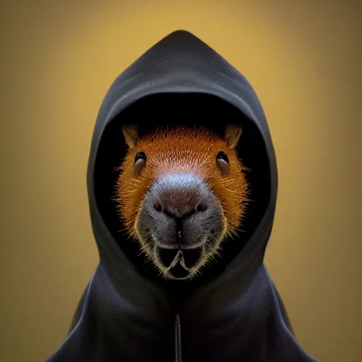 Image similar to a portrait of a capybara wearing a black hood, cloak covering face, anatomically correct, beautiful perfect face, enigmatic, oil painting, matte, black background, volumetric dynamic lighting, highly detailed, cinematic lighting, unreal engine, 8 k, hd, by beksinski