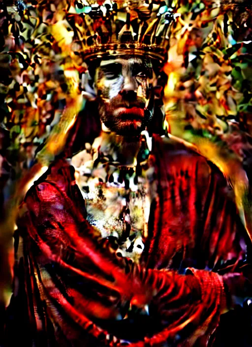 Image similar to 'Portrait of Crowned King Arthur' by Lee Jeffries royally decorated, whirling plasma, atmospheric motes, red and gold Sumptuous garb, gilt silk fabric, radiant colors, fantasy, perfect lighting, studio lit, micro details,