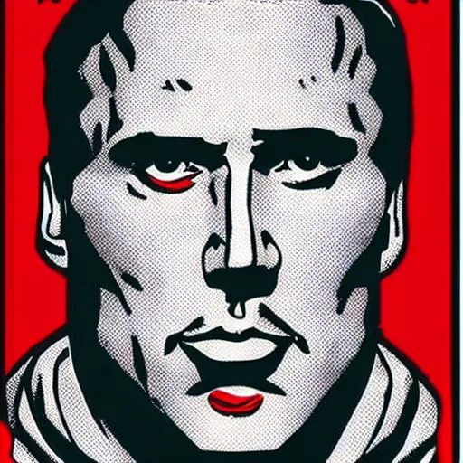 Image similar to Nicholas Cage as Superman comic book. Red cape. Detailed face Marvel comics art style. Halftone