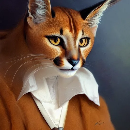 Image similar to portrait of caracal cat dressed in aristocratic clothing. elegant, highly detailed, digital painting, artstation, concept art, smooth, sharp focus, illustration, art by artgerm and greg rutkowski and alphonse mucha