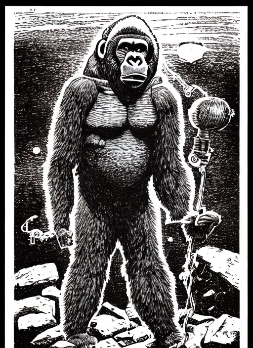 Image similar to a gorilla wearing a space helmet, as a d & d monster, full body, pen - and - ink illustration, etching, by russ nicholson, david a trampier, larry elmore, 1 9 8 1, hq scan, intricate details, inside stylized border