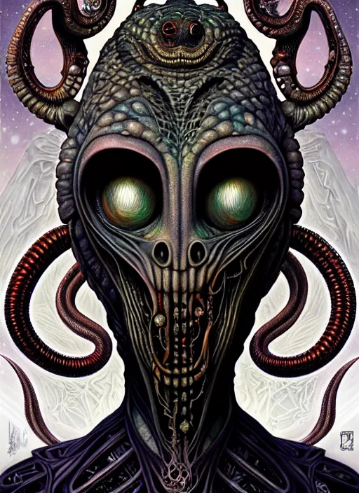 Image similar to cosmic lovecraft giger fractal random mith creature portrait, pixar style, by tristan eaton stanley artgerm and tom bagshaw.