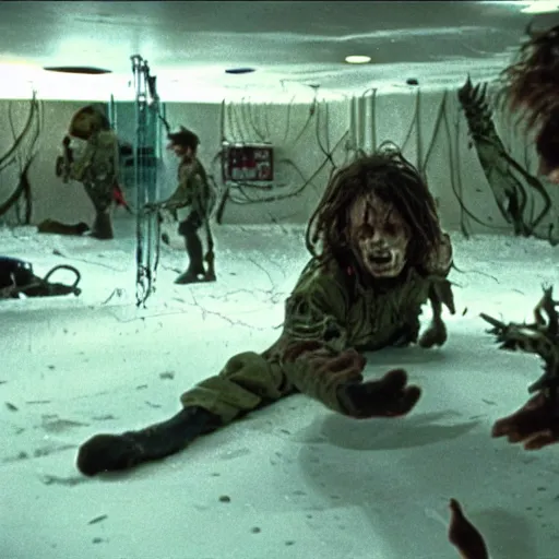 Image similar to filmic extreme wide shot dutch angle movie still 4k UHD interior 35mm film color photograph of soldiers being mutilated by a spiney shape shifting organism from The Thing 1982, in the style of a 1980s horror film