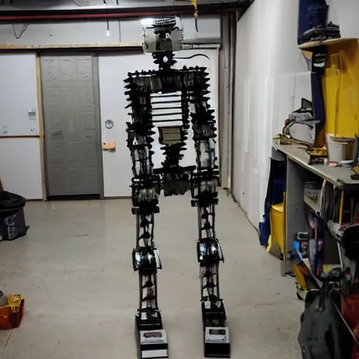 Image similar to a humanoid bipedal robot made of spare parts and household materials in a workshop, garage or closet