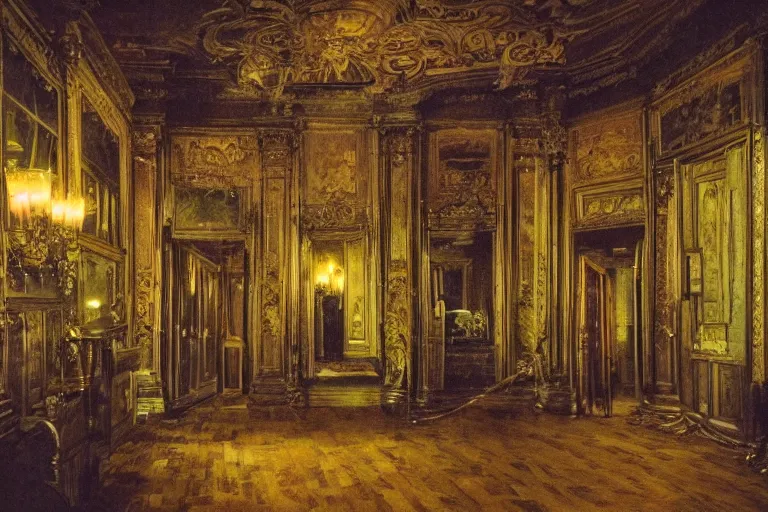 Prompt: full - color digital photo of the interior of a spooky elegant mansion at night. the interior is narrow, labyrinthine, illogical, surreal, bizarre, and complicated. there is a faintly - visible victorian ghost lurking. highly - detailed high - resolution photography.