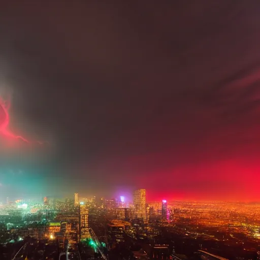 Image similar to moody midnight LA cityscape during intense storm. neon colors. gorgeous, tornado in distance, award winning, 4k