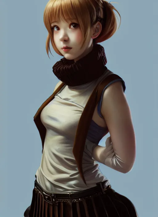 Image similar to portrait of a full body of beautiful young female detective, d & d, sleeveless turtleneck, pleated skirt, fantasy, flat lighting, intricate, highly detailed, digital painting, artstation, concept art, smooth, sharp focus, illustration, misa amane, art by simon bisley and greg rutkowski and alphonse mucha, natural tpose