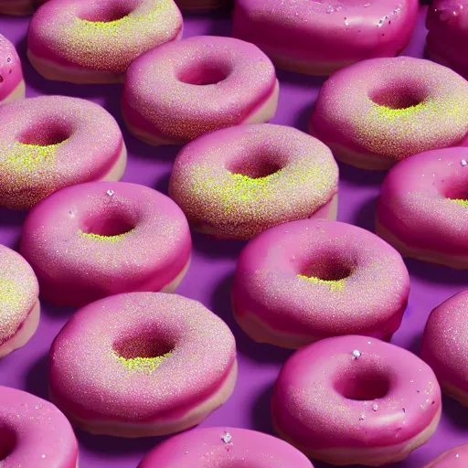 Image similar to millions and millions of Pink Frosted Sprinkle Covered Doughtnuts, a sea of Pink Frosted Sprinkle Covered Doughnuts, Unreal Engine 5 render, hyperrealistic, AAA game, incredible detail