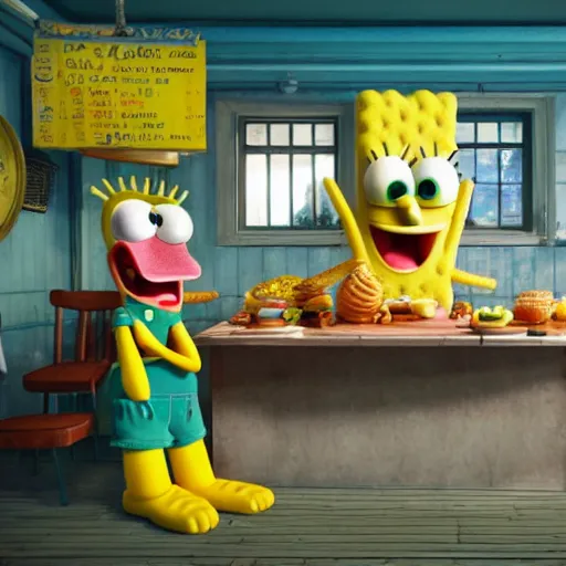 Image similar to hyperrealistic spongebob eating at the krusty krab, stunning 3 d render inspired by istvan sandorfi & greg rutkowski, perfect symmetry, dim volumetric cinematic lighting, 8 k octane comprehensive render, extremely hyper - detailed attributes & atmosphere, intricately proportional, realistic flesh texture, masterpiece, artstation, stunning,