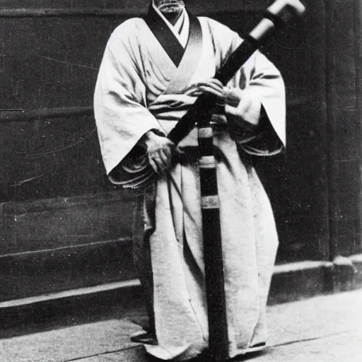 Image similar to Portrait of a 19th century Japanese man playing the shakuhachi in the streets of Kyoto, 1900s photography