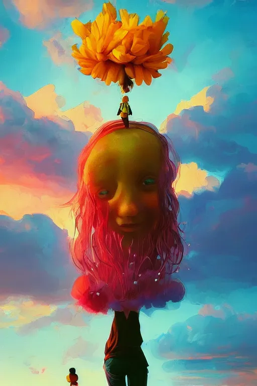 Image similar to closeup, giant flower as a head, girl surrounded by djungle, surreal photography, golden hour, colorful clouds, impressionist painting, digital painting, artstation, simon stalenhag