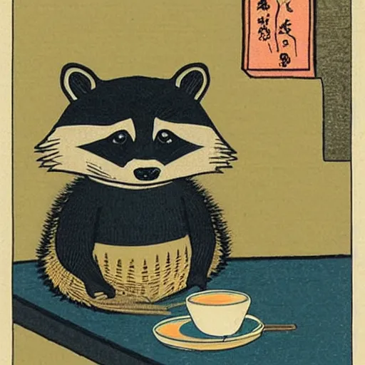 Image similar to little raccoon sitting by a cozy fireplace with a cup of tea. warm color temperature. ukiyo - e,