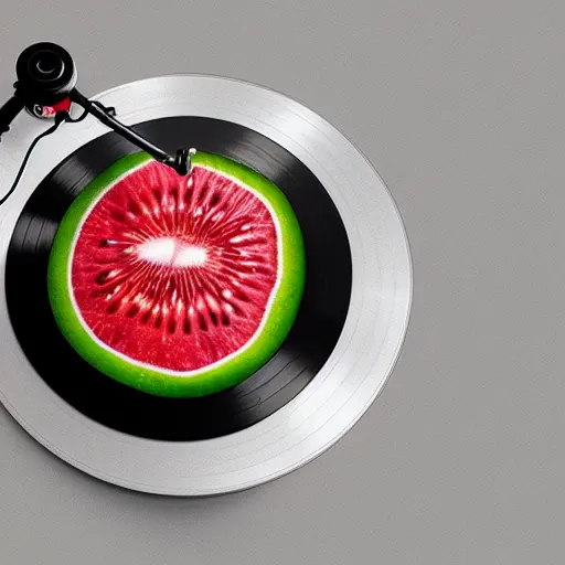 Prompt: miniature of vinyl turntable vinyl record in shape of huge kiwi fruit, 4 k, digital art, unreal render, hyperrealistic textures, product shot, top view