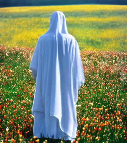 Image similar to white grim reaper with no face standing at distance looking at you in beautiful meadow of flowers, film photo from 1970s, grainy, high detail, high resolution