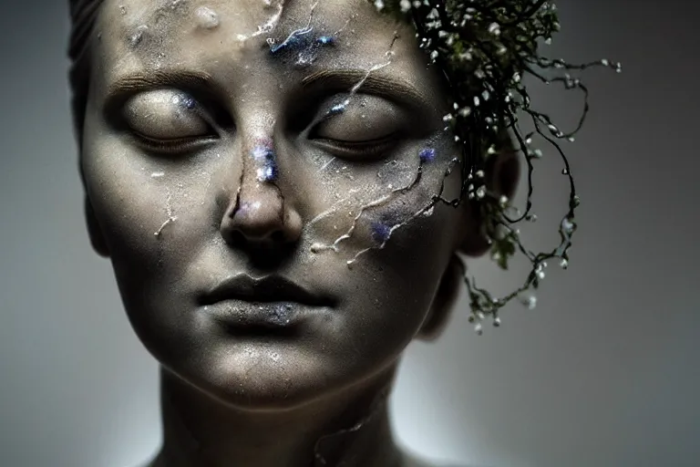 Prompt: the long shot of sculpture of a beautiful woman with flowing tears, fractal flowers on the skin, intricate, a marble sculpture by nicola samori, behance, neo - expressionism, marble sculpture, made of mist, still frame from the prometheus movie by ridley scott with cinematogrophy of christopher doyle, arri alexa, anamorphic bokeh, 8 k