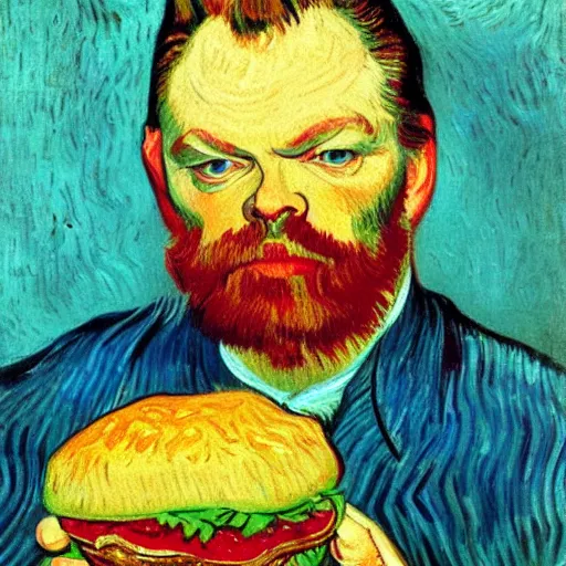 Image similar to portrait of orson welles with a giant hamburger. painting by vincent van gogh, oil on canvas, rich deep colors.