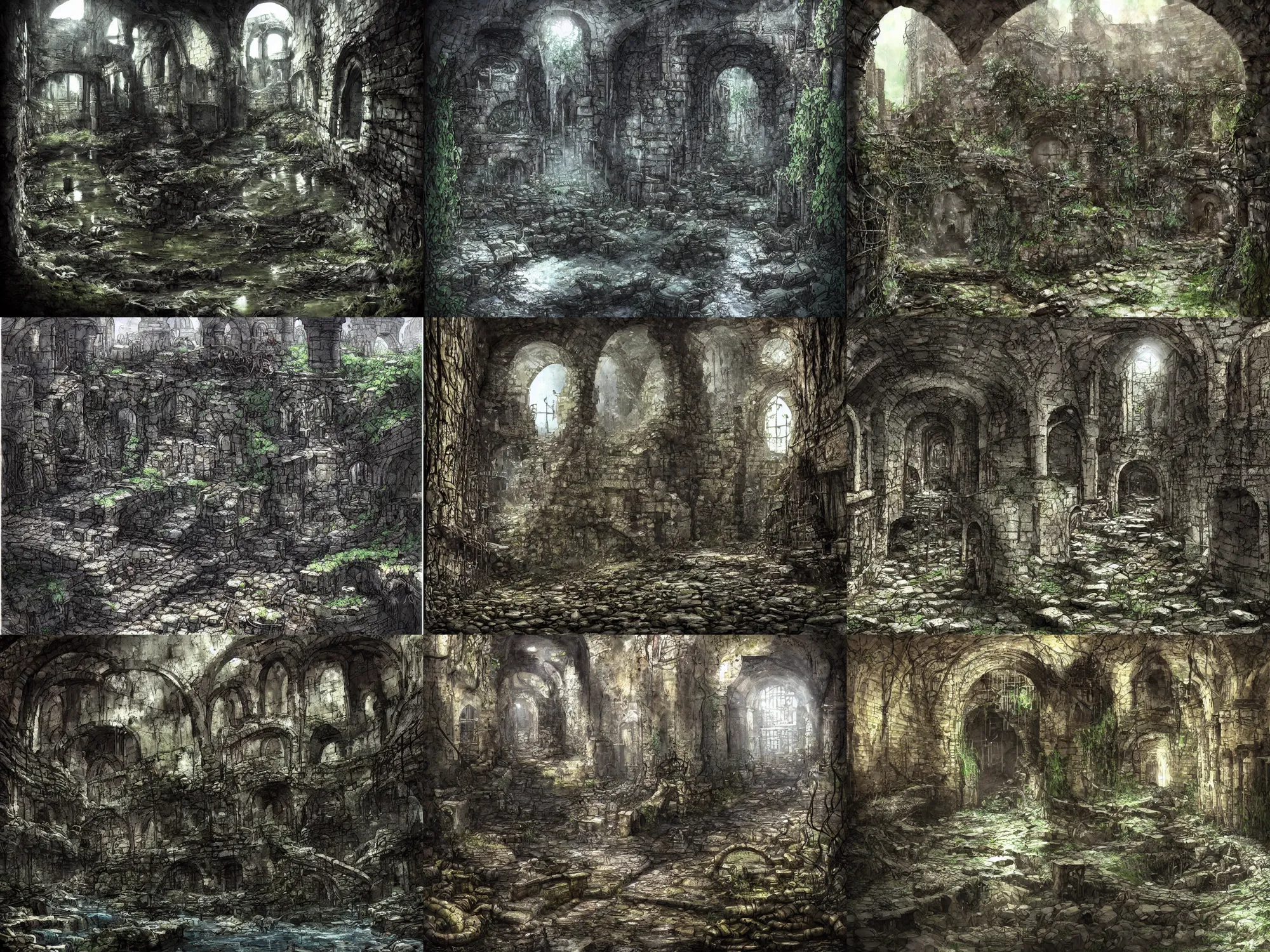 Prompt: inside the old sewers in the ruined part of the city. fantasy art, dripping water, standing water, channel, vines, ruins, abandoned spaces, darkness and light, dungeons and dragons.