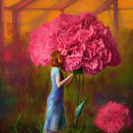 Image similar to giant carnation flower head, woman standing in greenhouse, surreal photography, dramatic light, impressionist painting, digital painting, artstation, simon stalenhag