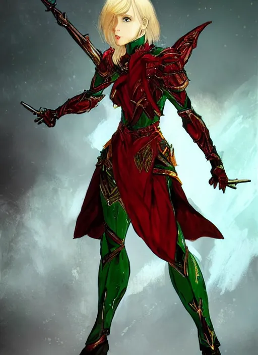 Image similar to Full body portrait of a beautiful young blonde short haired elven princess wearing red, green and gold armour robe. In style of Yoji Shinkawa and Hyung-tae Kim, trending on ArtStation, dark fantasy, great composition, concept art, highly detailed.