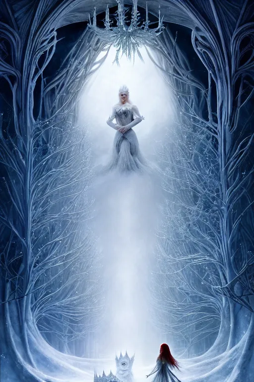 Image similar to epic professional digital art of the white snow queen, atmospheric lighting, painted, complex, detailed, sinister background, leesha hannigan, wayne haag, reina rocin, ignacio fernandez rios, mark ryden, iris van herpen, epic, stunning, magnificent, very wow, cinematic, masterpiece.